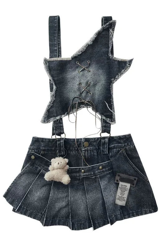 Y2k Star Denim Overall Skirt + Inner Top