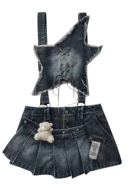 Y2k Star Denim Overall Skirt + Inner Top