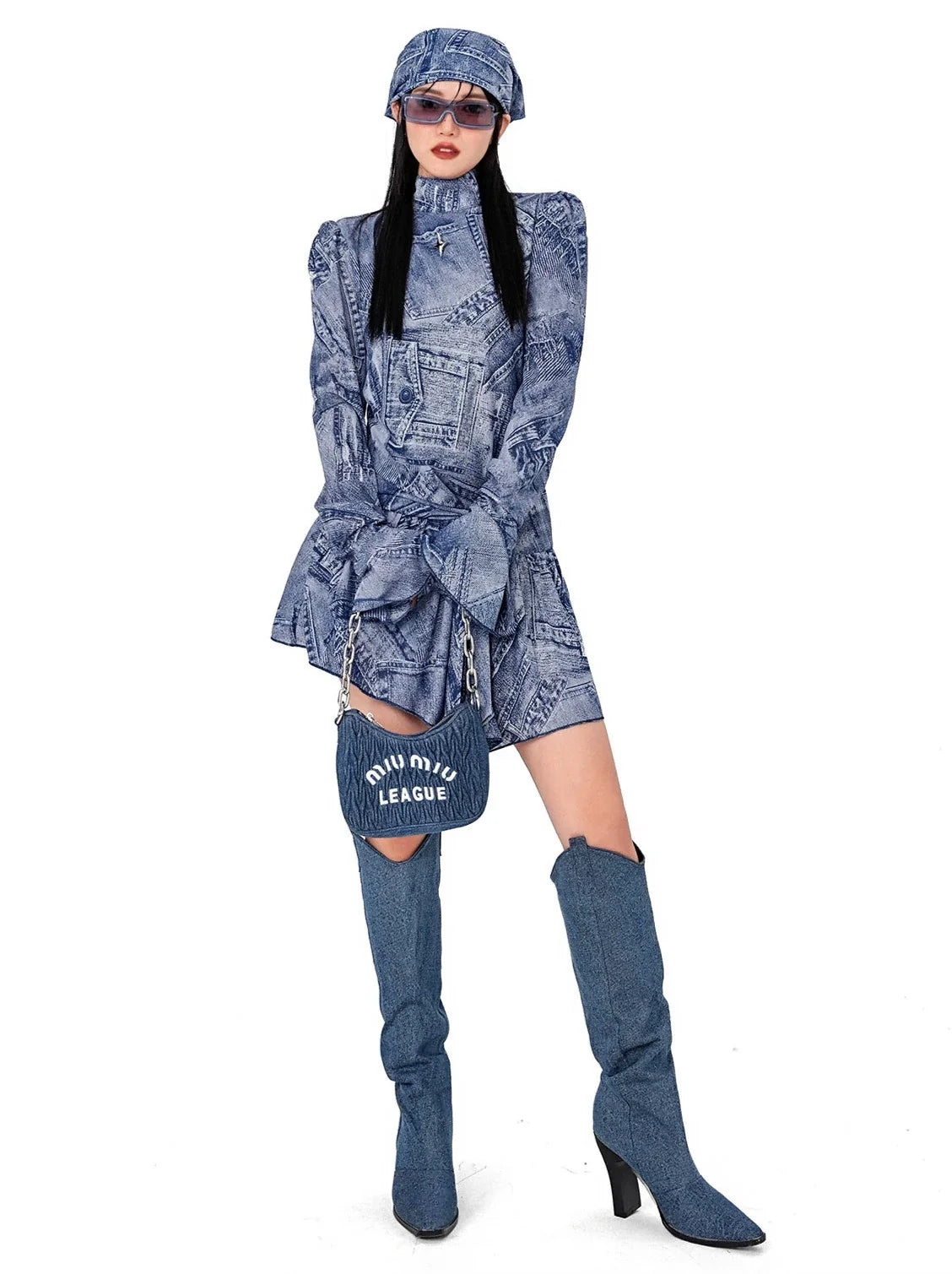 Denim Print Irregular Wide Shoulder High Neck Dress