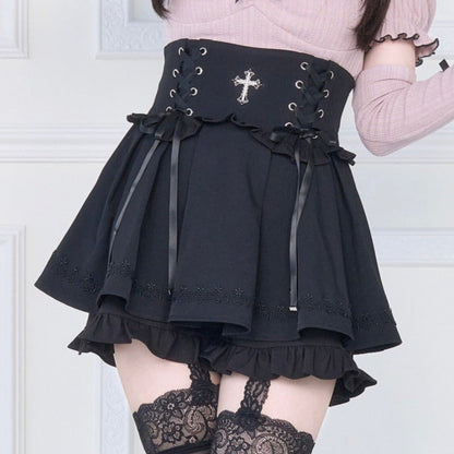 [pre-order] Choker Neck Square Ruffle Knit Top + Gothic Cross Lace Up Skirt