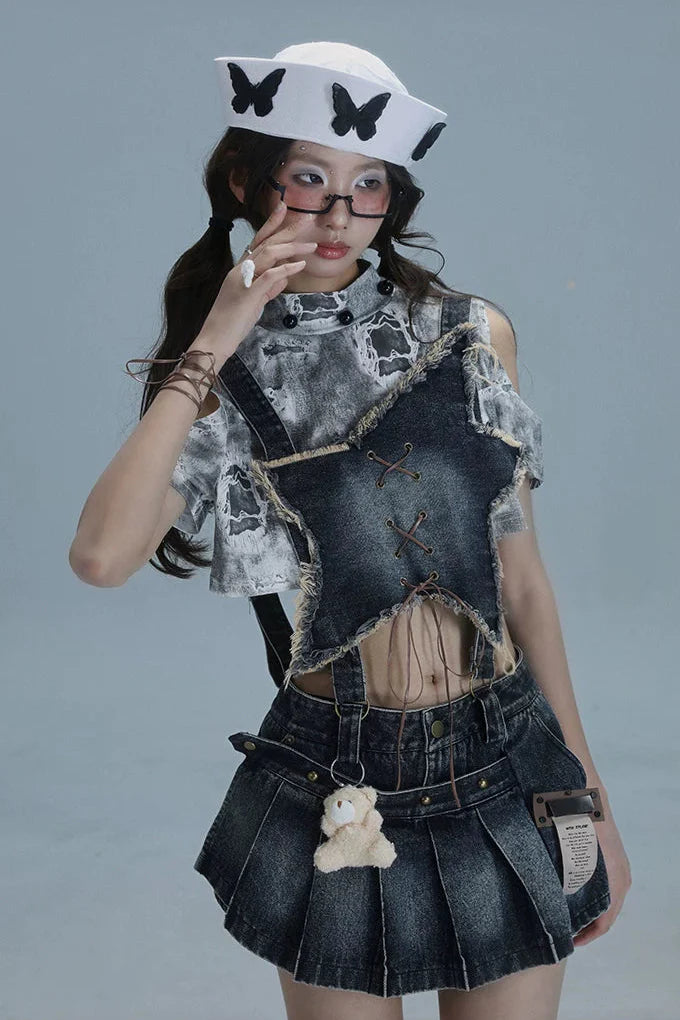 Y2k Star Denim Overall Skirt + Inner Top