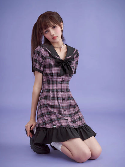 Cool Girly Sailor Checkered Dress