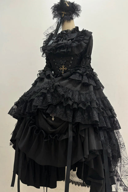 Gothic Super Jisleeve Lolita Shirt + Ruffle Skirt + Hat
