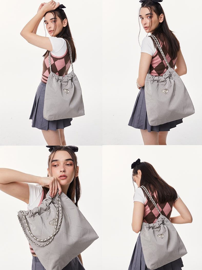 Cool Metal Diamond Quilted Leather Chain Tote Bag