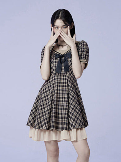 Plaid Bow Sailor Layered Dress