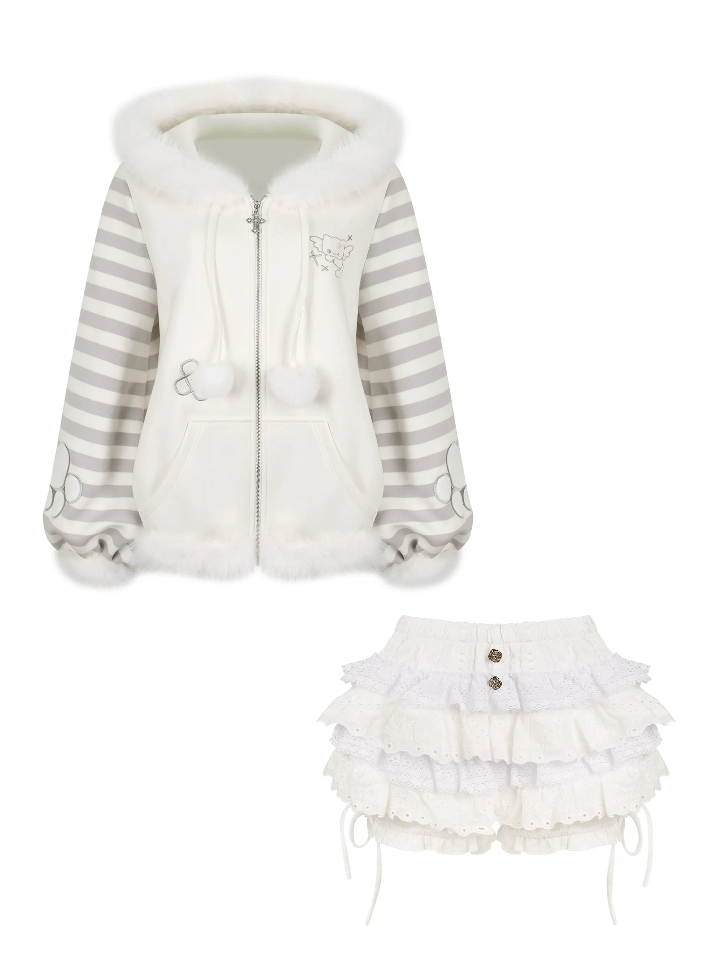 Striped Fur Hooded Coat + Tiered Skirt