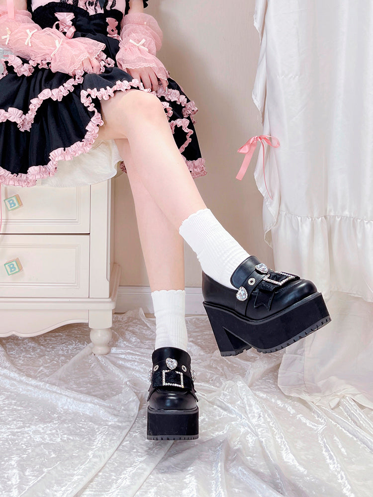 Jewel Pointed Toe Loafer Platform Shoes [enamel Black/matte Black]