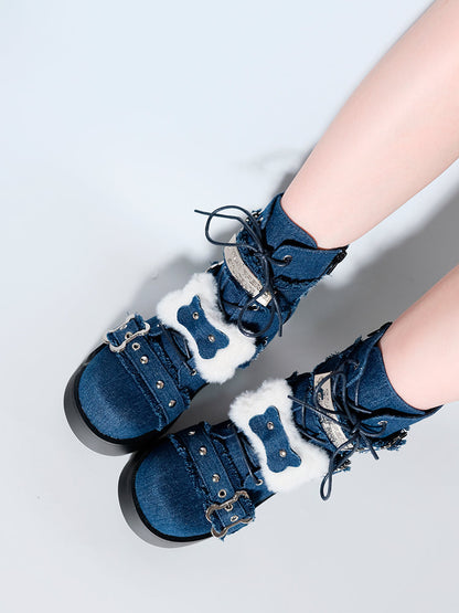 Small Bone Denim Round Toe Platform Short Boots