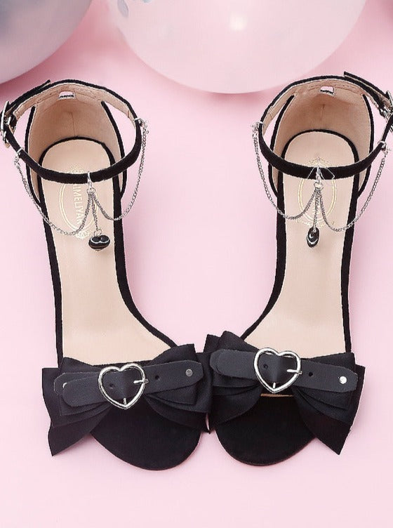 Dark Black Peach Heart Ribbon Shoes