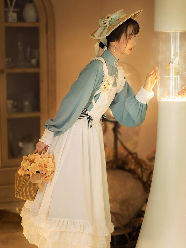 Stand Collar Double-breasted Coat Lace Apron Overskirt Set