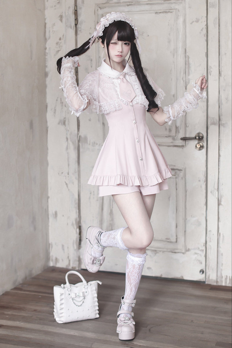 [pre-order Deadline: May 15] Pink Lace Cape Design Tie Color Dress Suit Full Set + Accessories