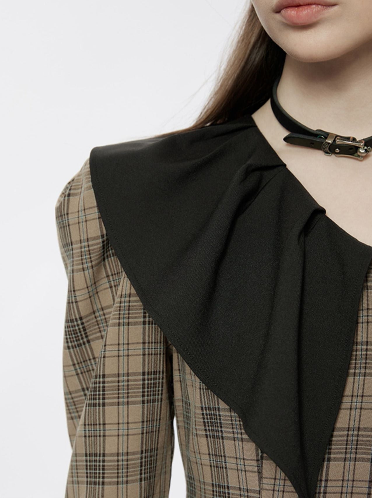 Pointed Ruffle Collar French Plaid Dress