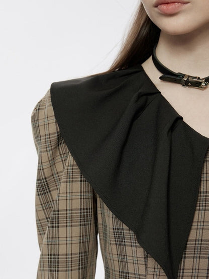 Pointed Ruffle Collar French Plaid Dress