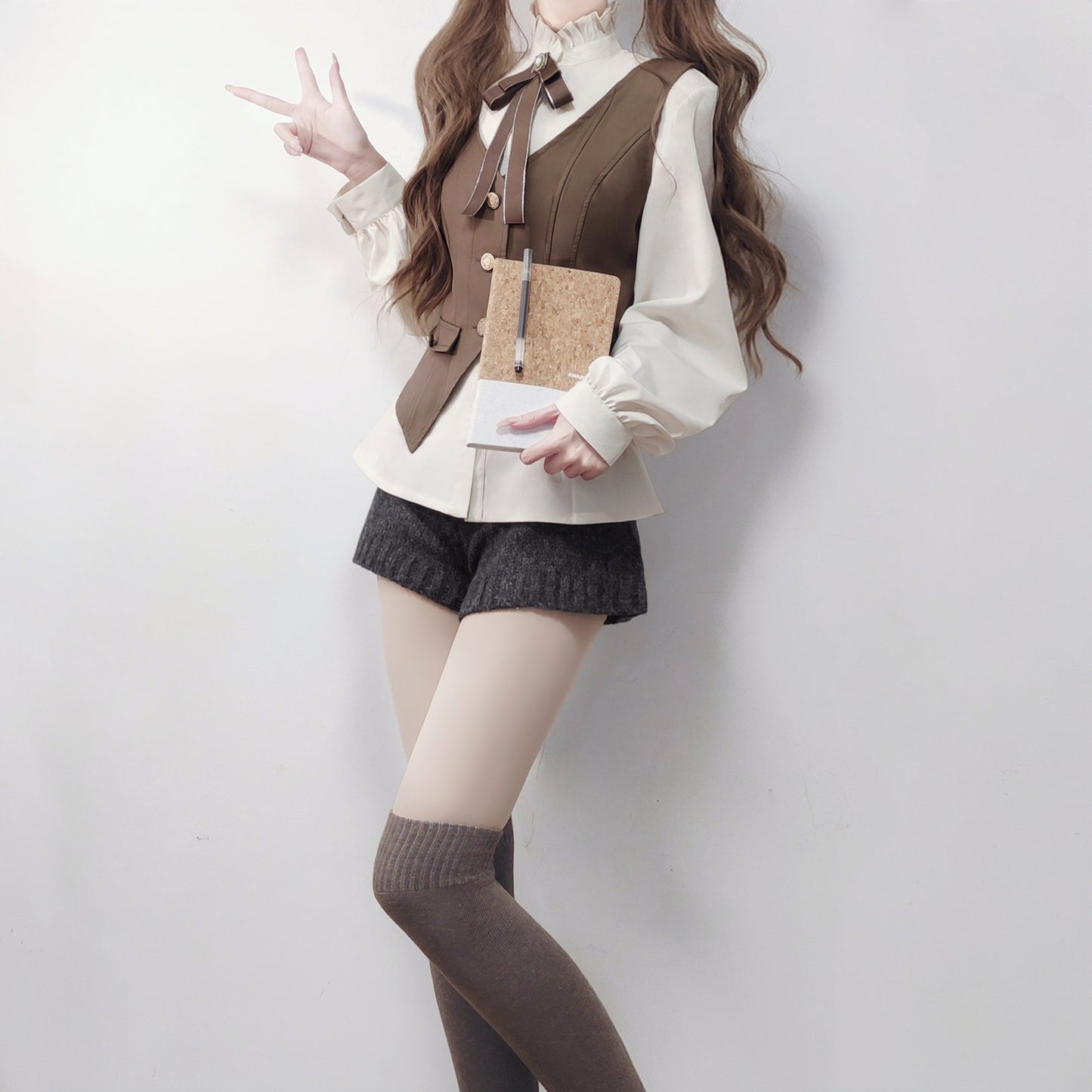 Retro Long Coat + Skirt + Shirt + Vest
