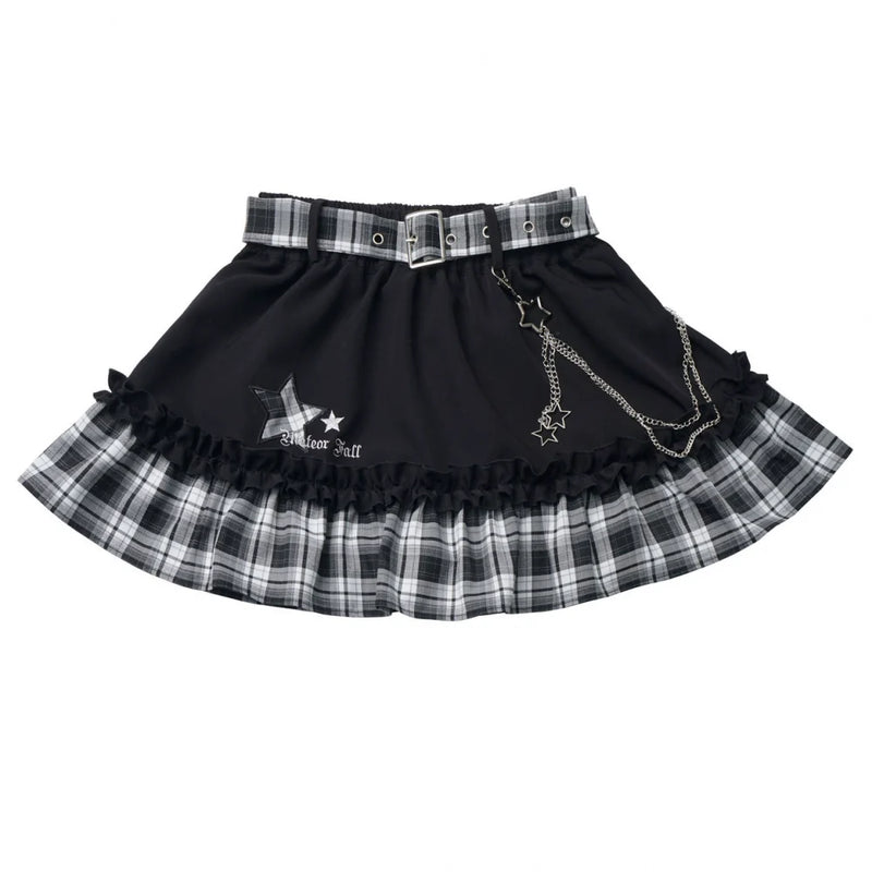 Off Shoulder Shirt + Plaid Skirt + Badge