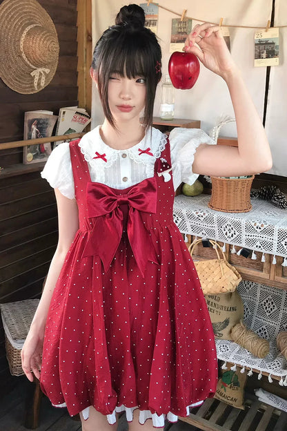 Ribbon Collar Top + Polka Dot Suspender Skirt