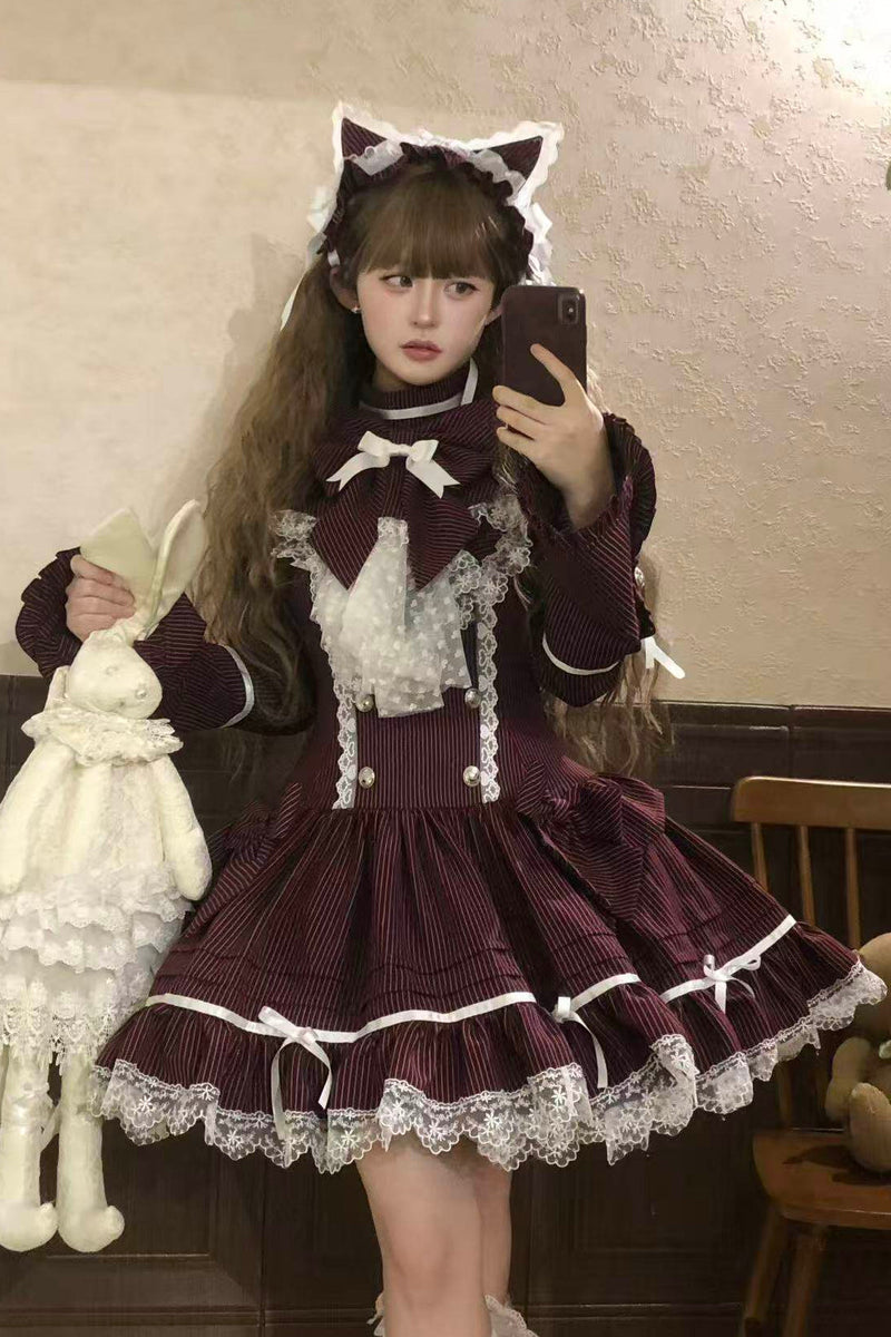 [pre-order Deadline: April 25] Phantom Cat Sweet Ribbon Stripe Lace Bell Sleeve Lolita Dress