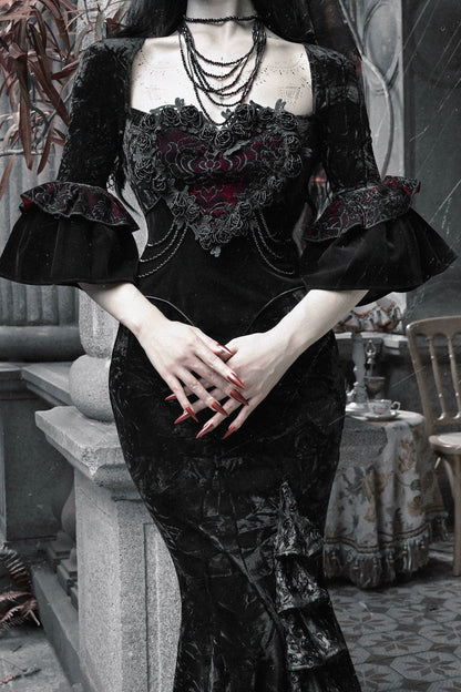 Thriller Crimson Gothic Velvet Mermaid Dress + Gloves