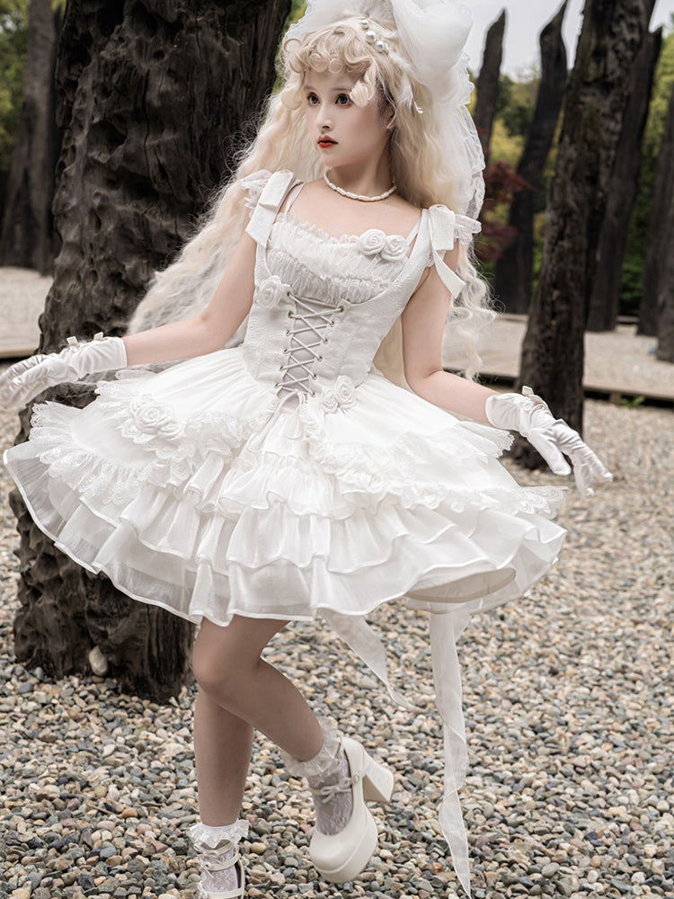 Lolita Wedding Rose Lace-up Tiered Bustier & Suspender Dress Set