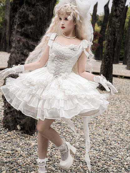 Lolita Wedding Rose Lace-up Tiered Bustier & Suspender Dress Set