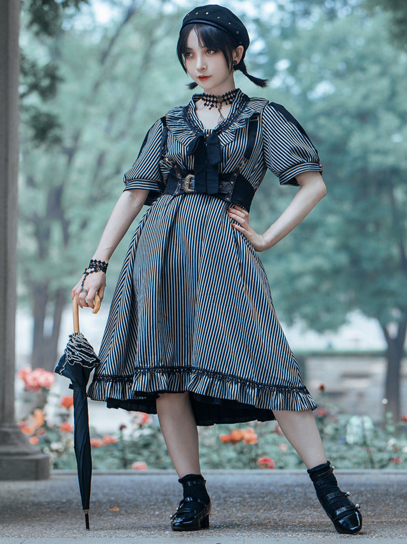 Steam Continental Retro Stripe Puff Sleeve Dark Gothic Dress