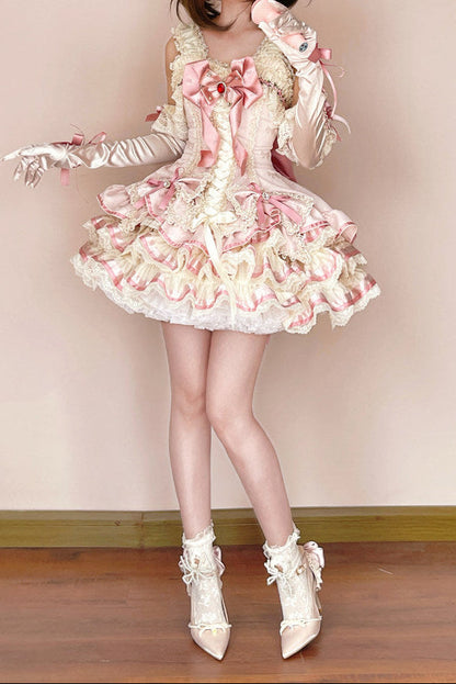 [pre-order Deadline: April 30] Sweet Pink Lolita Lace Ribbon Corset Tiered Jsk Dress