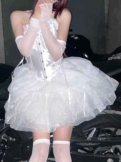 Fairy Lace Embroidery Lace-up Bustier Tulle Dress Set