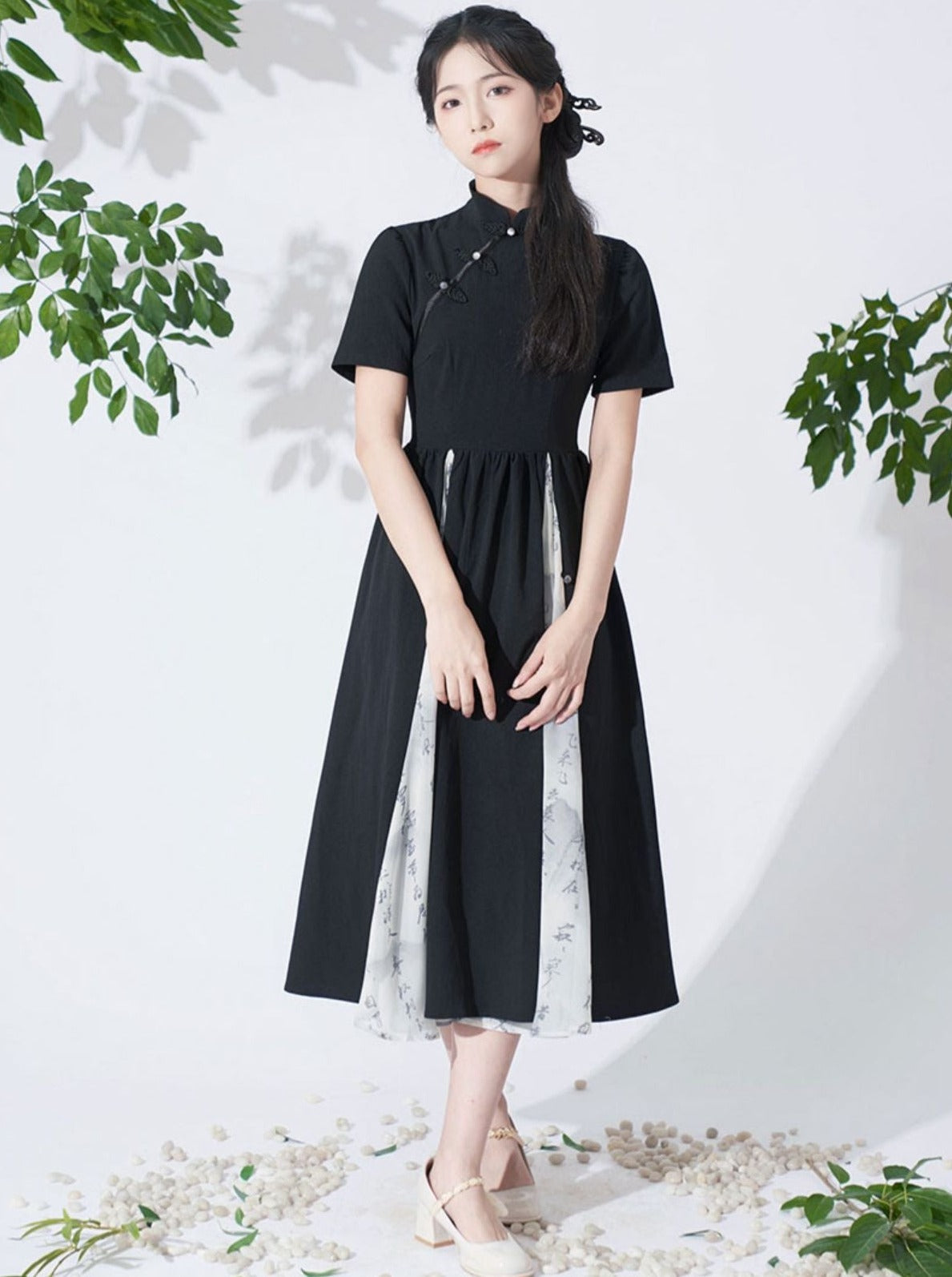 Retro Buckle Stand Collar High Waist Chinese-style Dress