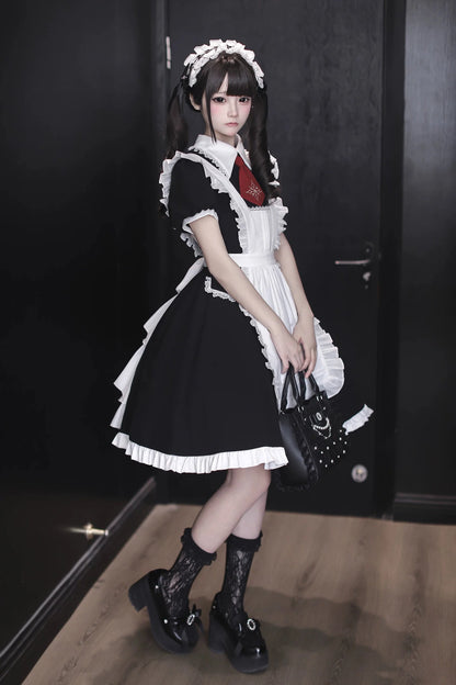 [pre-order Deadline: April 29] Black X White Gothic Lace Red Tie Collar Lolita Dress Type A/b