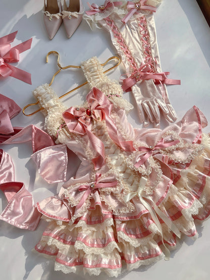 [pre-order Deadline: April 30] Sweet Pink Lolita Lace Ribbon Corset Tiered Jsk Dress