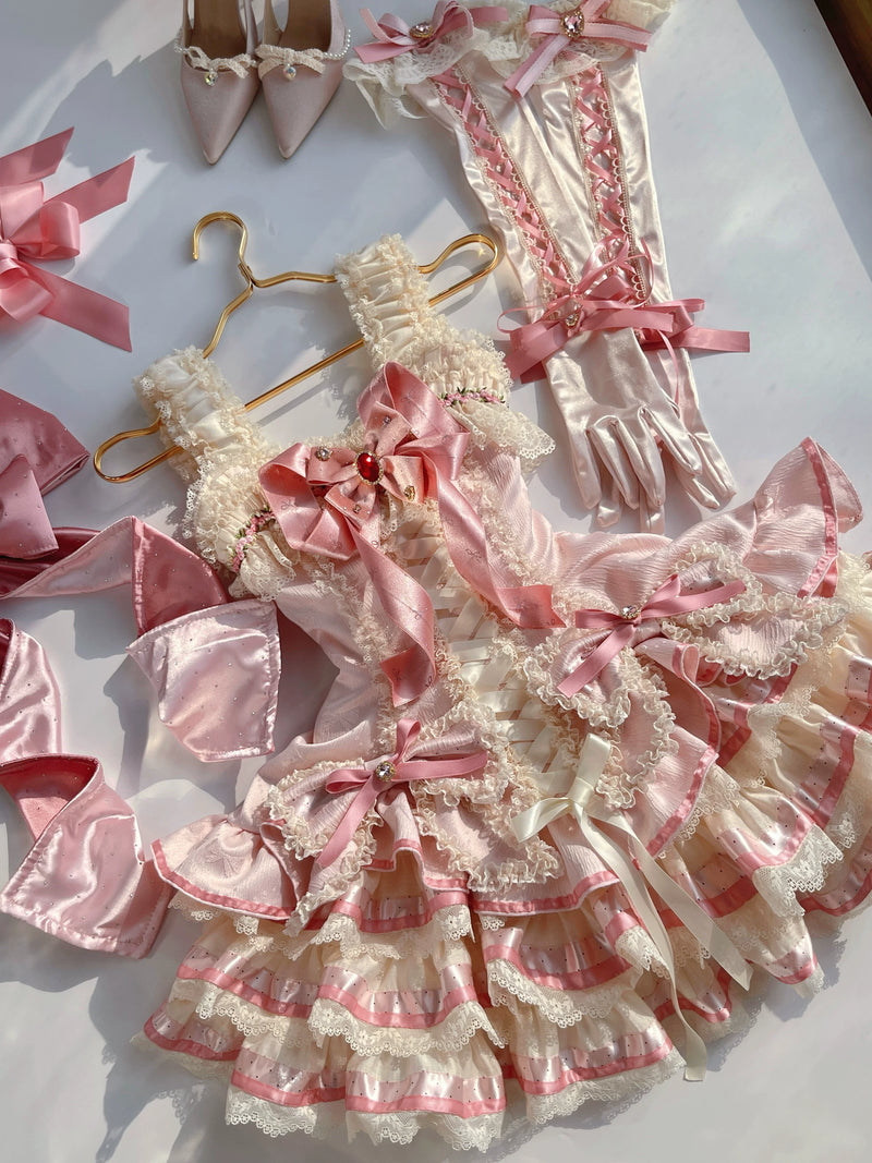 [pre-order Deadline: April 30] Sweet Pink Lolita Lace Ribbon Corset Tiered Jsk Dress