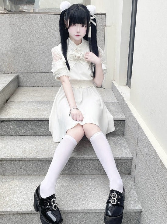 Chinese-style Lace Ribbon Off-shoulder Dress