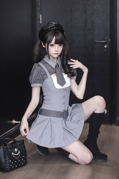 [pre-order Deadline: April 15] Gray Pinstripe Tie Collar Short Jacket Dress Full Set + Jewel Casquette