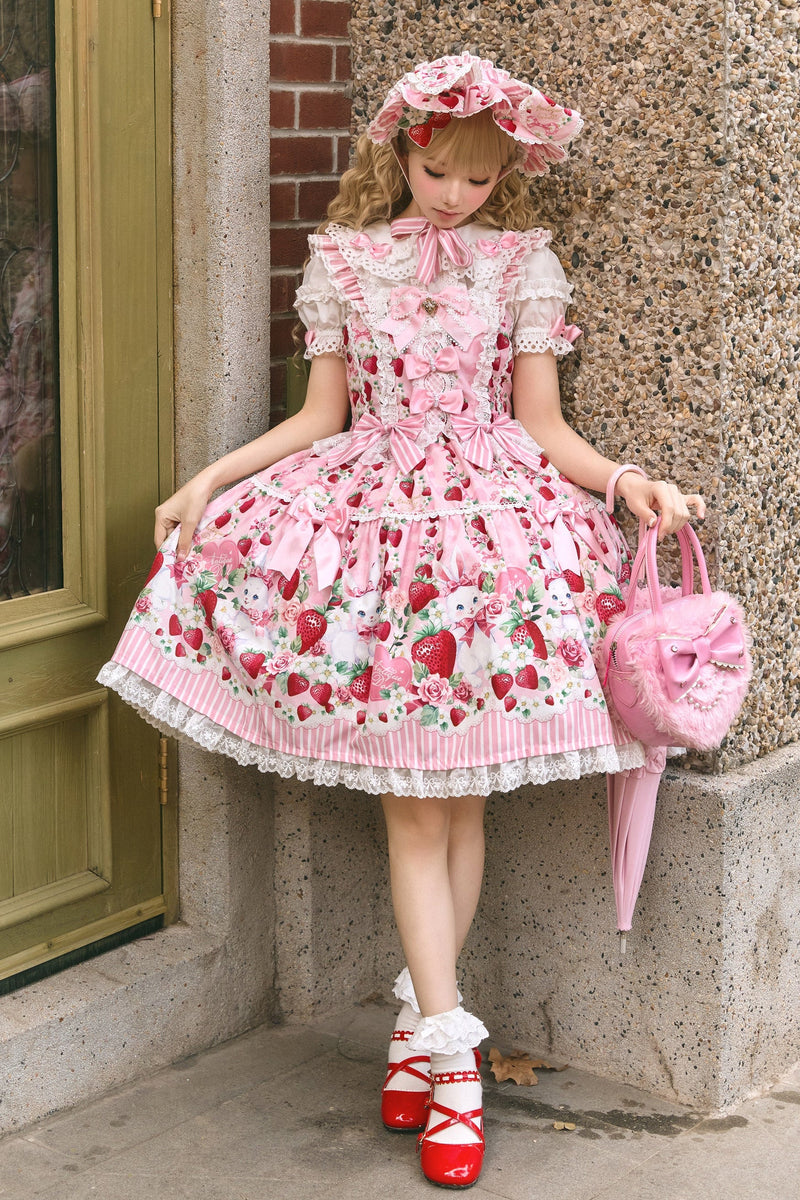 [pre-order Deadline: April 29] Strawberry Rabbit Ear Ribbon Shirt + Ruffled Shoulder Lace Ribbon Jk School Uniform Dress + Full Set/complete Set