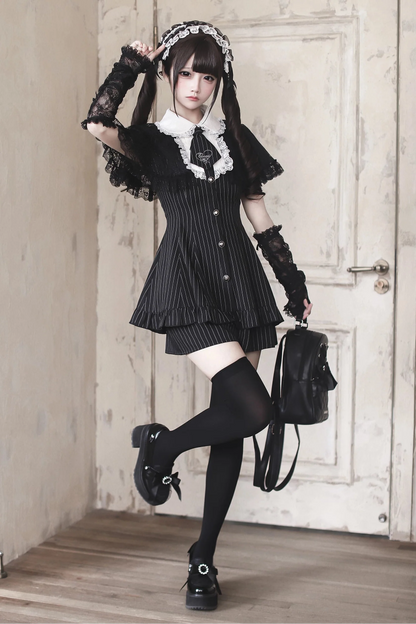 [reservation Deadline: May 15] Black Pinstripe Lace Cape Design Thai Collar Dress Suit Full Set + Accessories