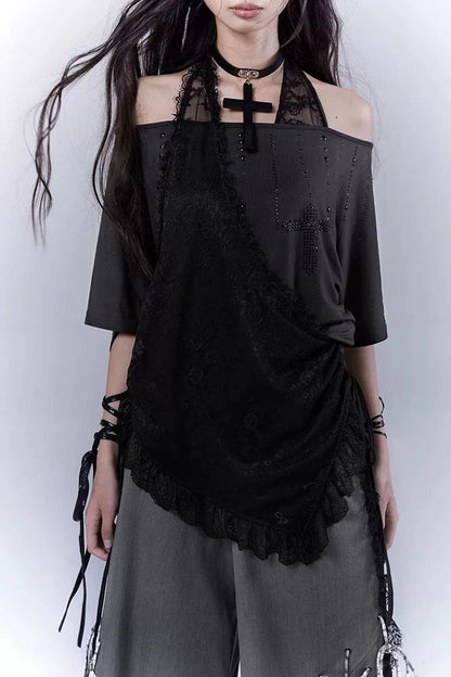 Sheer Off Shoulder Lace Halter Top