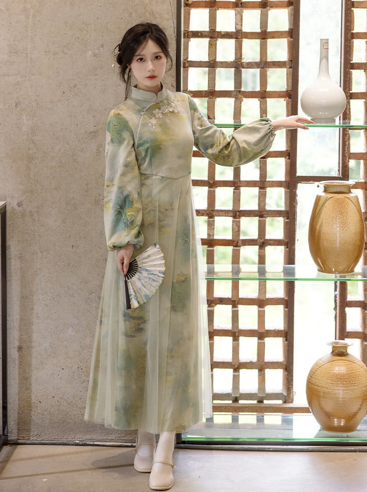 Marbled Green Half Neck Chinese-style Dress