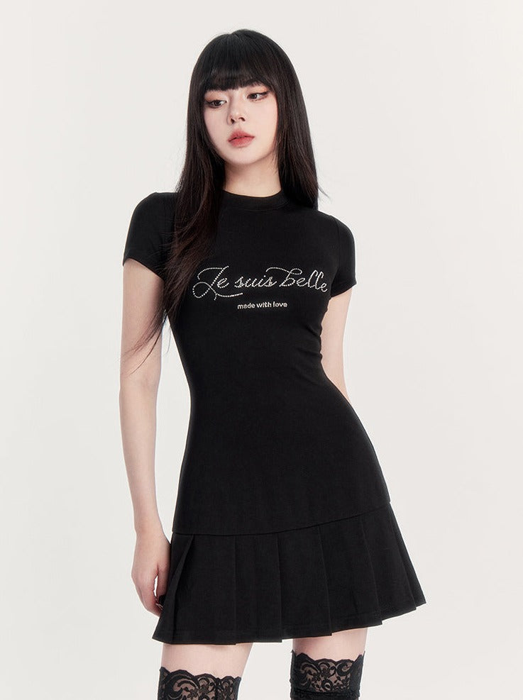 Rhinestone Logo Pleated Dress