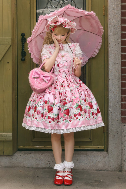[pre-order Deadline: April 29] Strawberry Rabbit Ear Ribbon Shirt + Ruffled Shoulder Lace Ribbon Jk School Uniform Dress + Full Set/complete Set