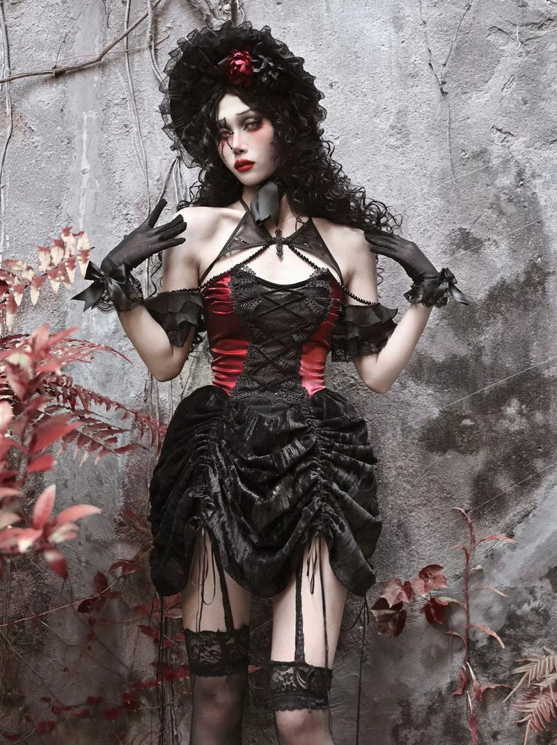 Gothic Velvet Spider Halter Neck Drawstring Bustier Dress