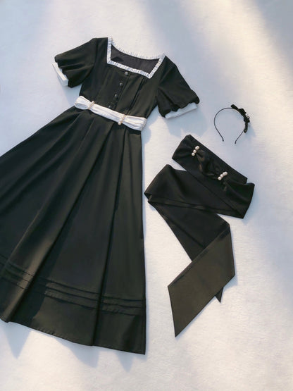 [pre-order] Black Square Collar French Retro Dress + Waist Ribbon + Black Ribbon Headband + Pearl Necklace