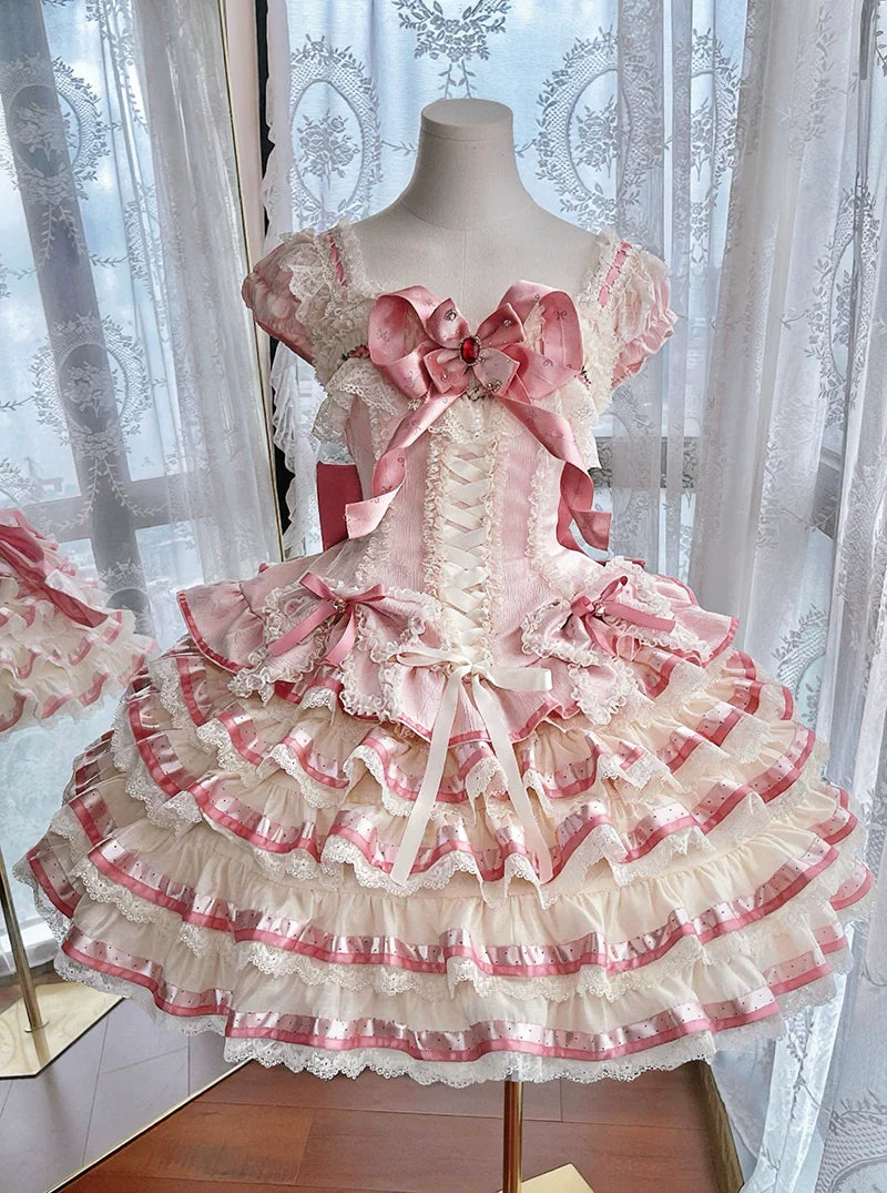 [pre-order Deadline: April 30] Sweet Pink Lolita Lace Ribbon Tiered Ruffle Princess Dress