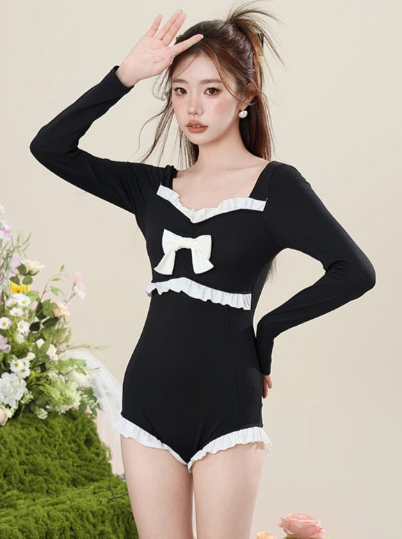 Cover Long Sleeve Monochrome Ribbon Swimsuit