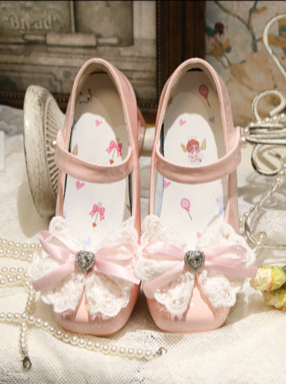 Lolita French Lace Ribbon Square Toe Love Heel Shoes