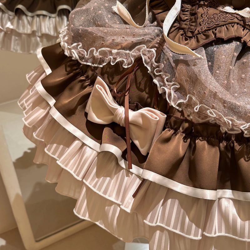 [order Deadline: May 12] Café Mocha Lolita Idol Ribbon Puff Sleeve Shirt + Corset Tulle Pull-up Jks Dress Set