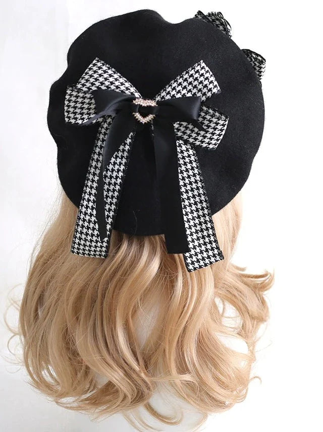 Houndstooth Ribbon Beret