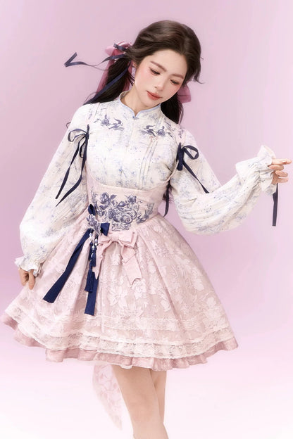 Sweet Chinese-style Dress + Top + Ribbon