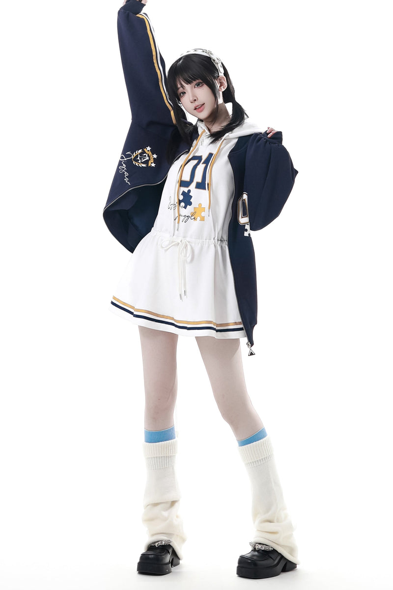 College Blue Jacket + Hoodie Dress + Pants + Sweat
