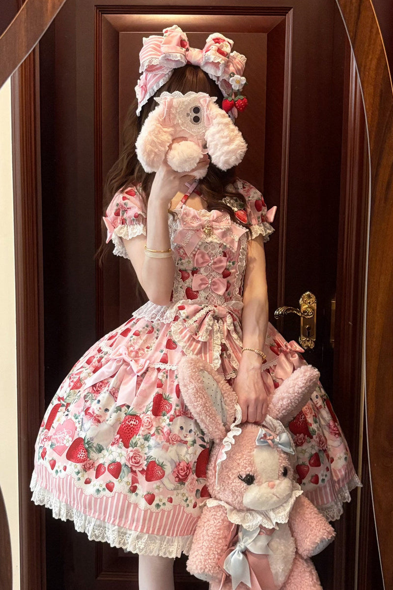 [pre-order Deadline: April 29] Strawberry Rabbit Print Lace Ribbon Sweet Dress + Complete Set