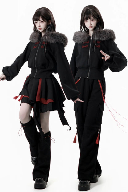 Dark Detachable Fur Jacket + Skirt + Pants